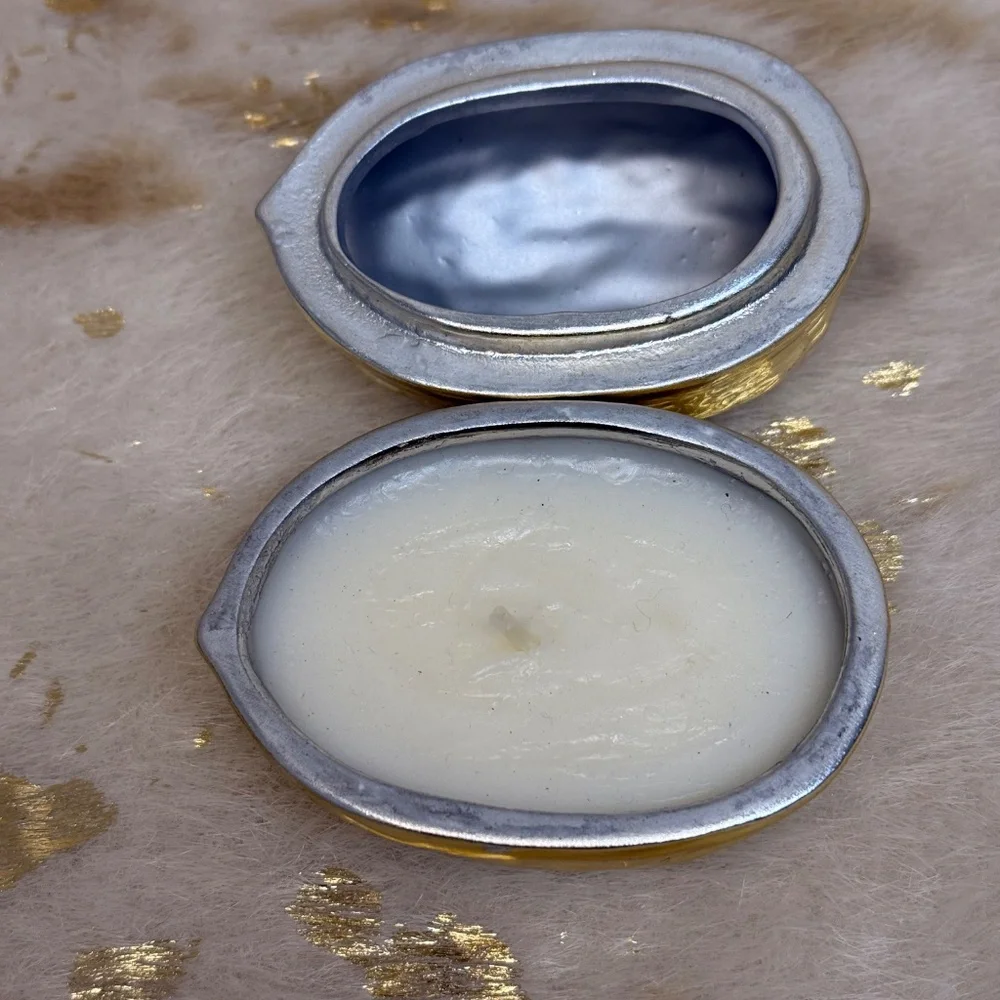 illume Scented Candle Metal Gold Silver Walnut-Shaped Removable Lid‎ Clean Scent